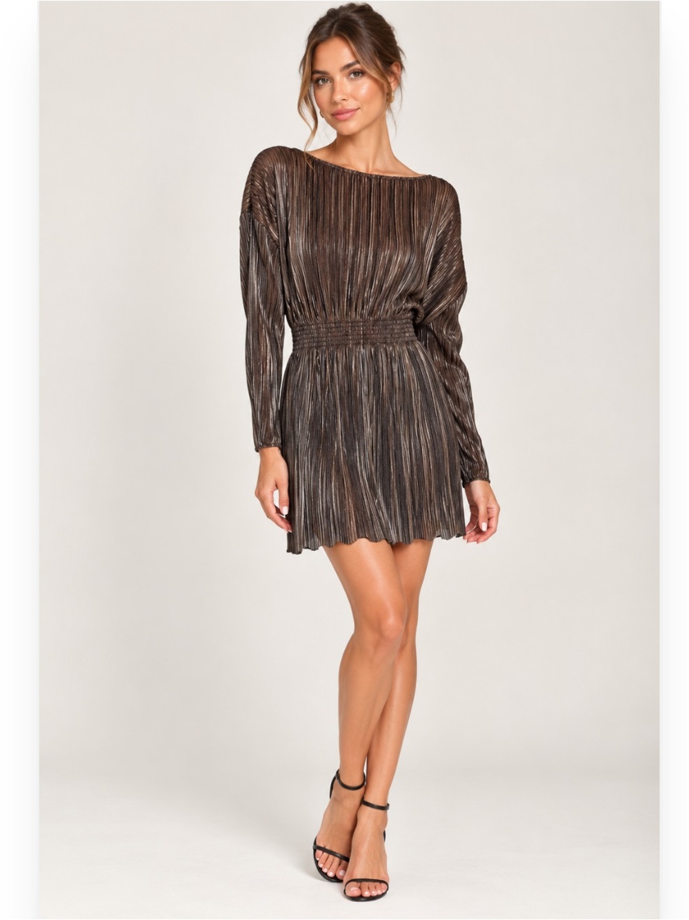 Astr Metallic Pleated Long Sleeve Dress